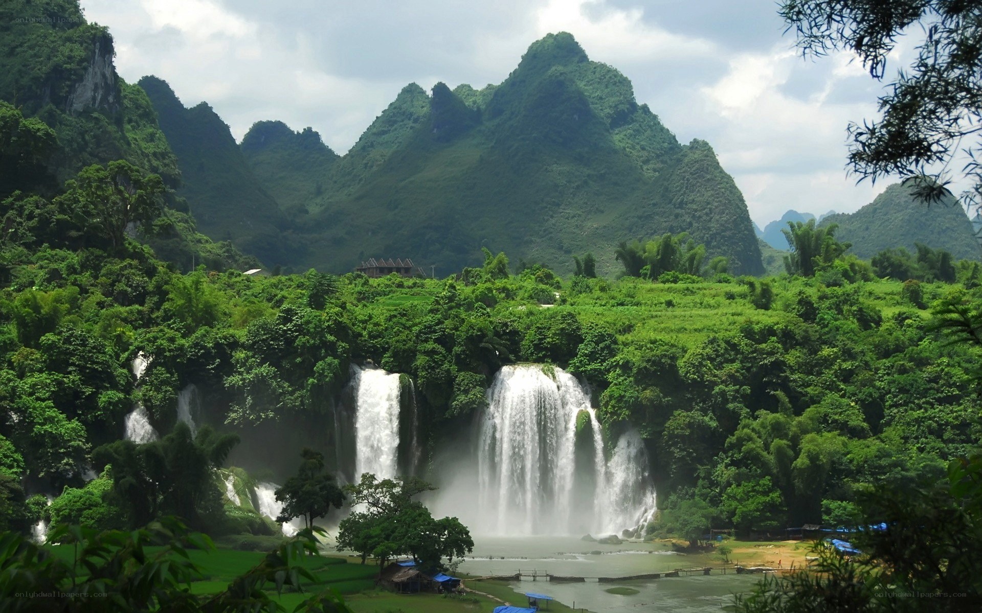 Waterfalls in a lush valley