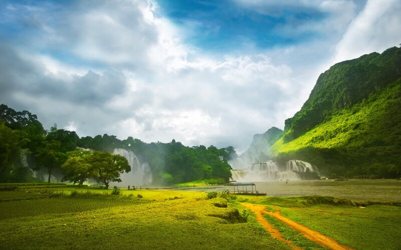 Waterfalls in a lush valley