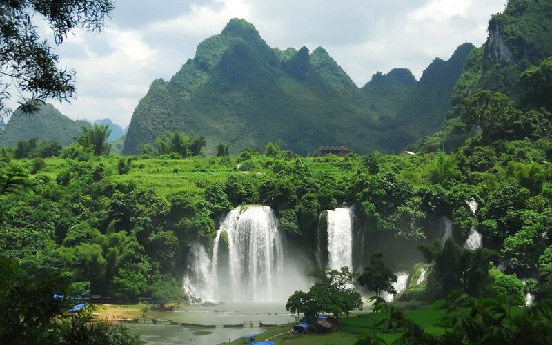 Waterfalls in a lush valley