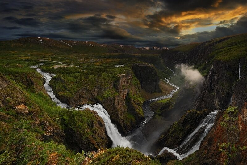 Waterfalls in a mountain canyon