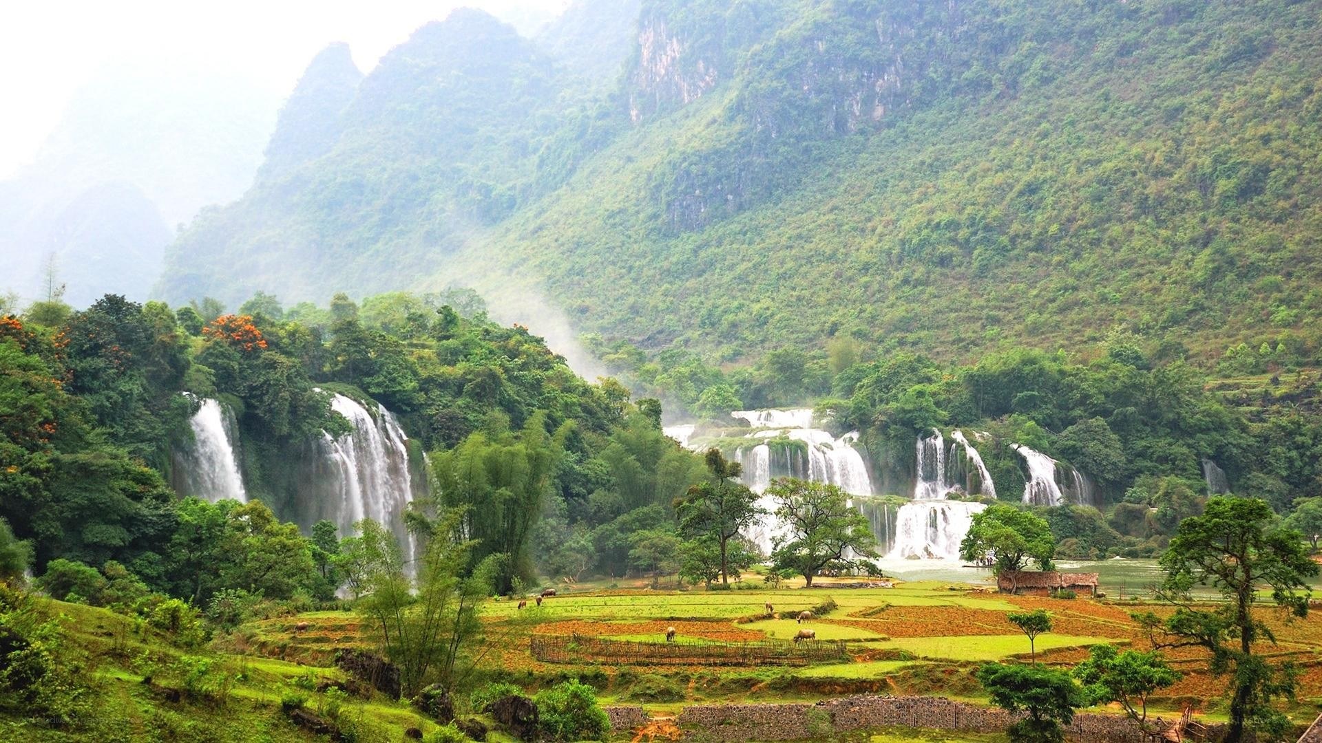 Waterfalls in a mountain valley