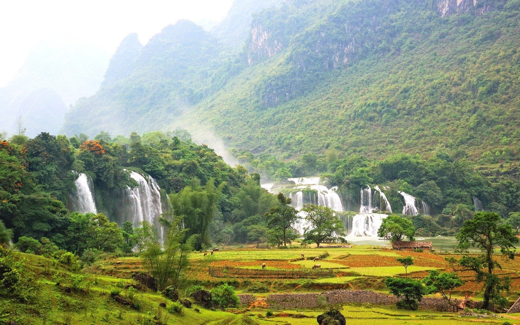 Waterfalls in a mountain valley