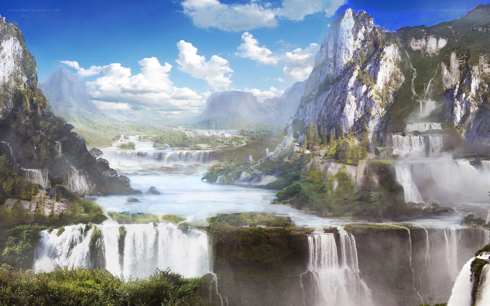 Waterfalls in a mountain valley