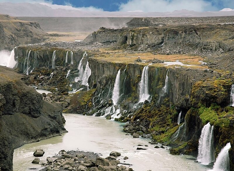 Waterfalls in a volcanic landscape