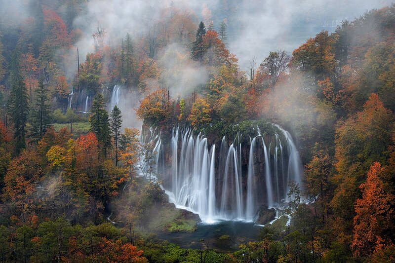 Waterfalls in Autumn Forest — Green, Serene, Photograph, Trees, Mist