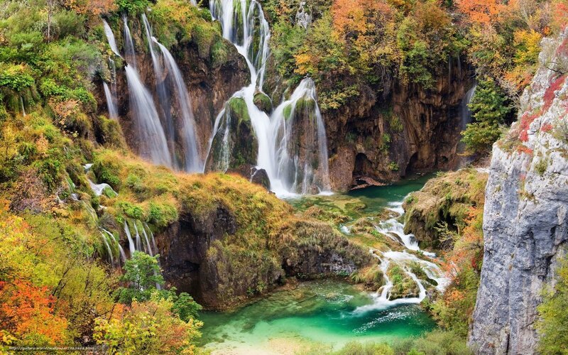 Waterfalls in Autumn Forest — Green, Serene, Photograph, Trees, Rocks