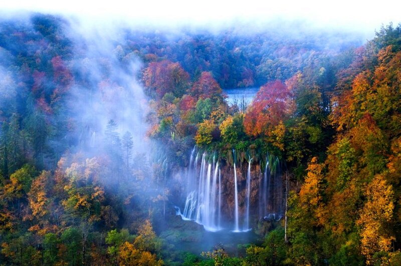 Waterfalls in Autumn Forest — Green