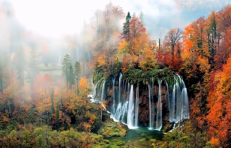 Waterfalls in Autumn Forest — Orange