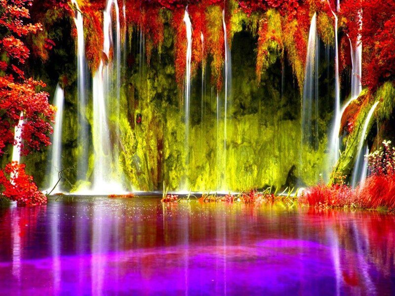 Waterfalls in Autumn Forest — Red, Serene