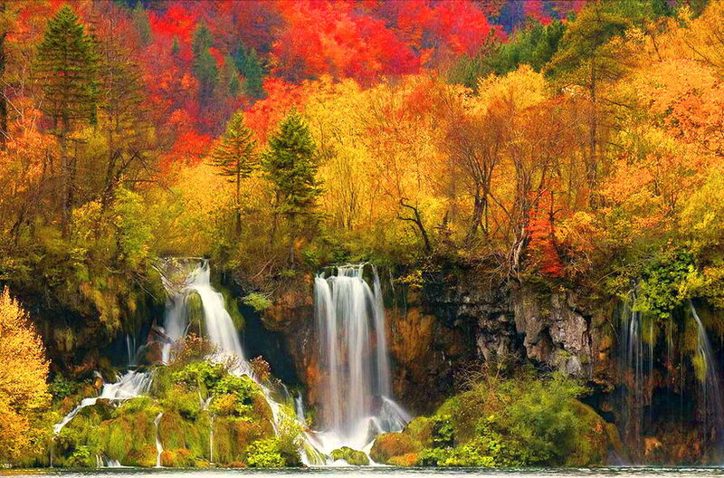 Waterfalls in Autumn Forest — Red