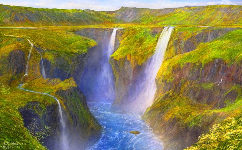 Waterfalls in Canyon — Green, Serene, Afternoon