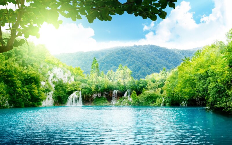 Waterfalls in Forest — Blue, Serene, Afternoon, Photograph, Trees, Mountain, Lake, Sky