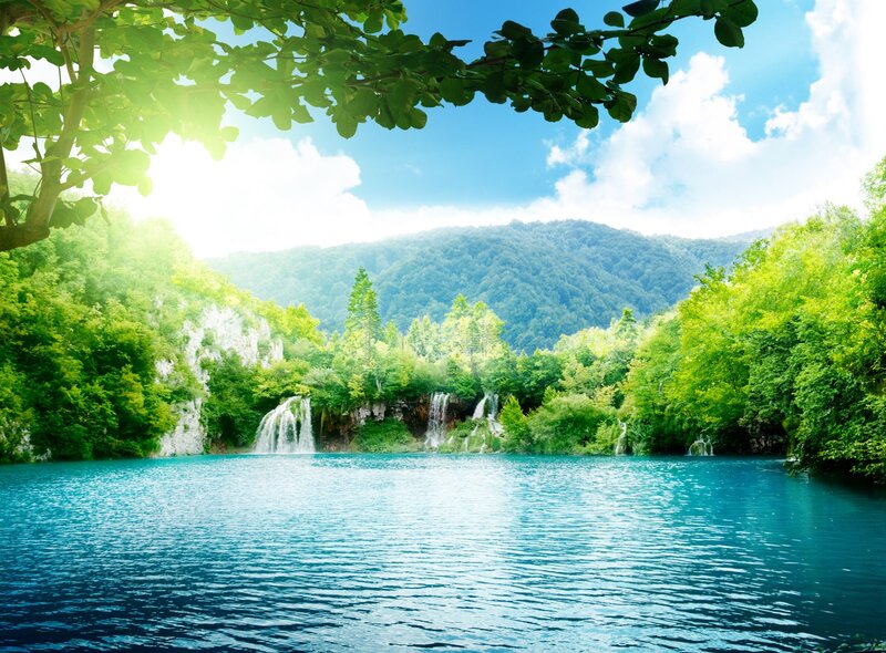 Waterfalls in Forest — Blue, Serene, Afternoon