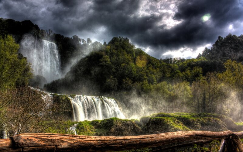 Waterfalls in Forest — Green, Dramatic, Photograph, Trees, Clouds, Fog