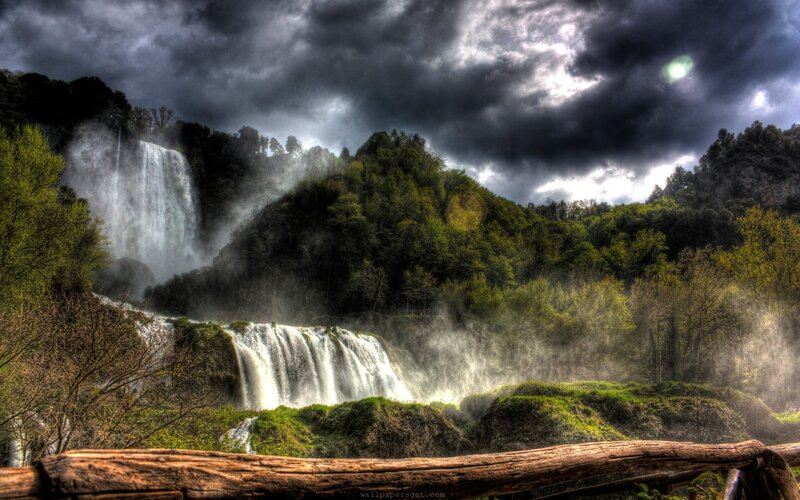 Waterfalls in Forest — Green, Dramatic, Photograph, Trees, Clouds