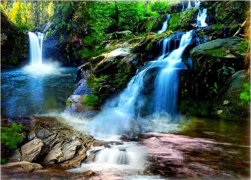 Waterfalls in Forest — Green, Serene, Afternoon, Photograph, Rocks