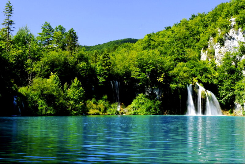 Waterfalls in Forest — Green, Serene, Afternoon, Photograph, Trees, Lake, Cliffs