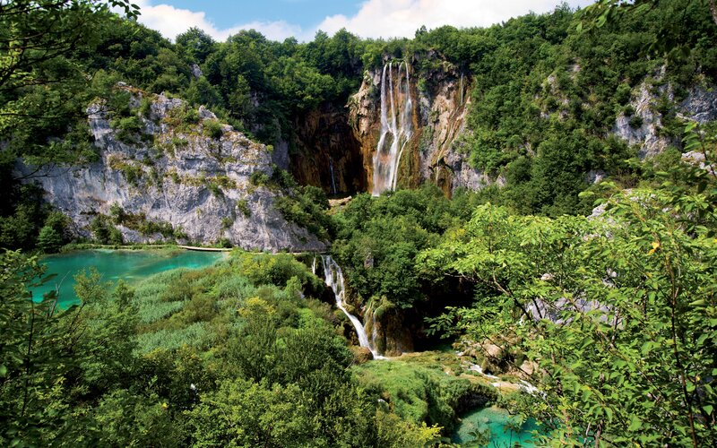 Waterfalls in Forest — Green, Serene, Afternoon, Photograph, Trees, Lakes, Cliffs, Blue, Gray