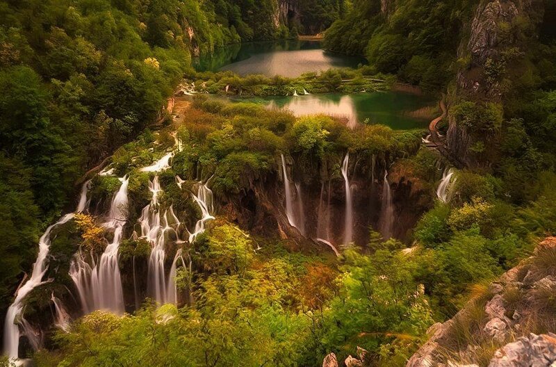 Waterfalls in Forest — Green, Serene, Afternoon, Photograph, Trees, Lakes, Cliffs