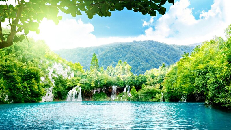 Waterfalls in Forest — Green, Serene, Afternoon, Photograph, Trees, Mountain, Lake, Blue