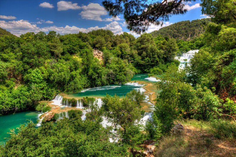 Waterfalls in Forest — Green, Serene, Afternoon, Photograph, Trees, River, Hills