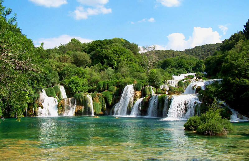 Waterfalls in Forest — Green, Serene, Afternoon, Photograph, Trees, River, Sky