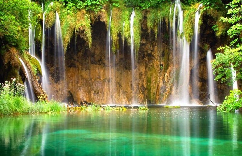 Waterfalls in Forest — Green, Serene, Afternoon, Photograph, Trees, Rock Face
