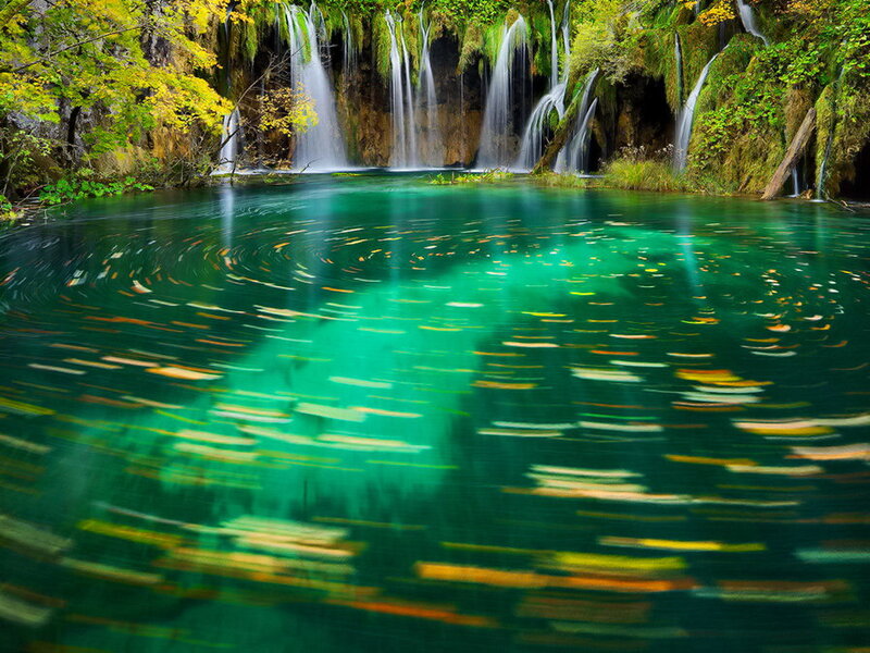Waterfalls in Forest — Green, Serene, Autumn, Photograph, Trees, Falling Water