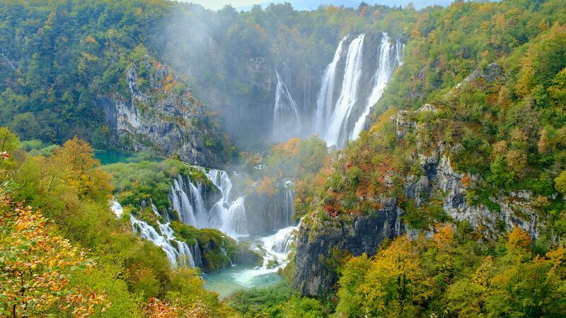 Waterfalls in Forest — Green, Serene, Autumn, Photograph, Trees, Rocks, River