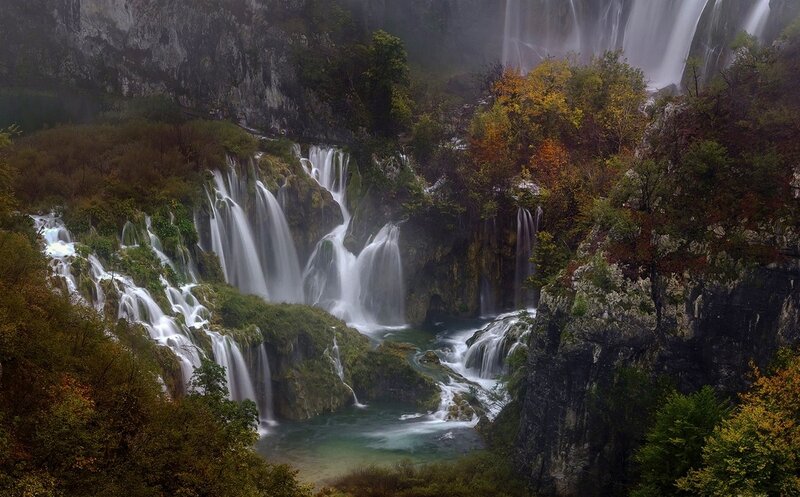 Waterfalls in Forest — Green, Serene, Autumn, Photograph, Trees, Rocks