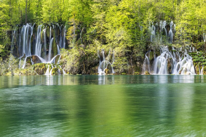 Waterfalls in Forest — Green, Serene, Summer, Photograph, Trees, Lake