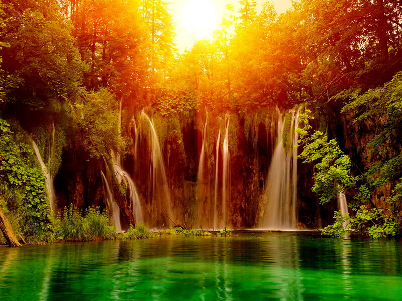 Waterfalls in Forest — Green, Serene, Sunset, Photograph