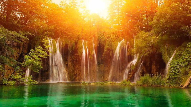 Waterfalls in Forest — Green, Serene, Sunset, Photograph, Trees