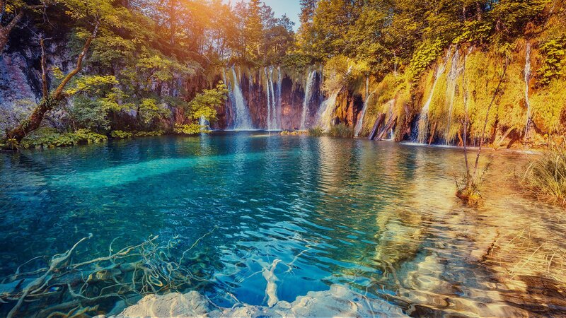 Waterfalls in Forest Lake — Blue, Serene, Afternoon