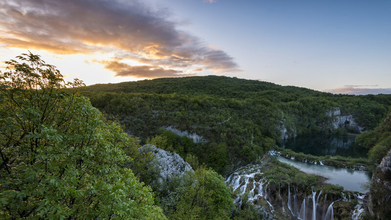 Waterfalls in Forested Valley — Green, Serene