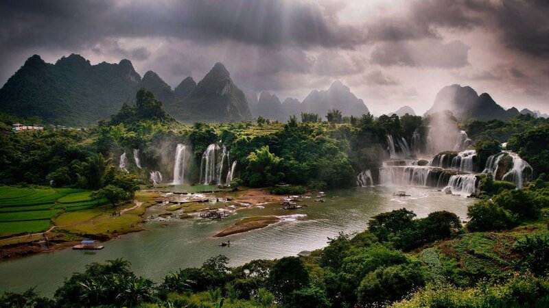 Waterfalls in Karst Landscape — Green, Dramatic, Afternoon