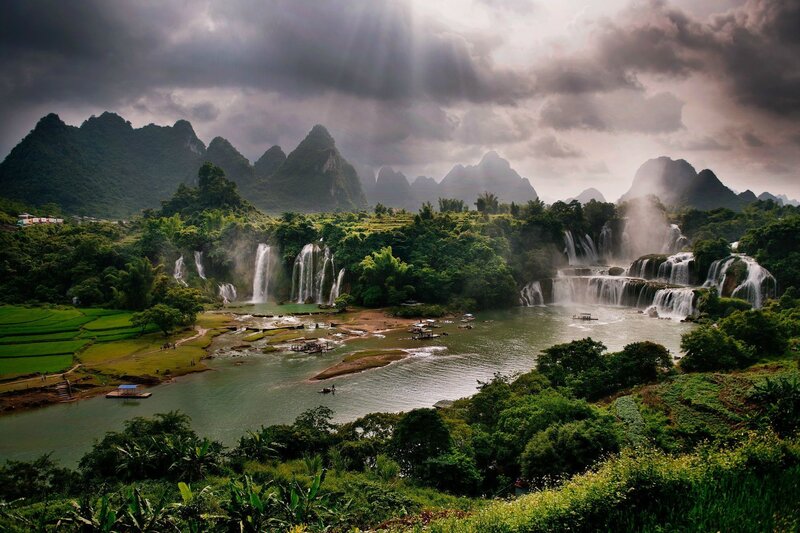 Waterfalls in Karst Landscape — Green, Dramatic