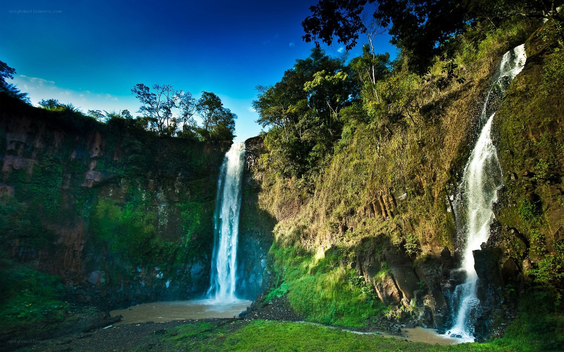 Waterfalls in lush green canyon