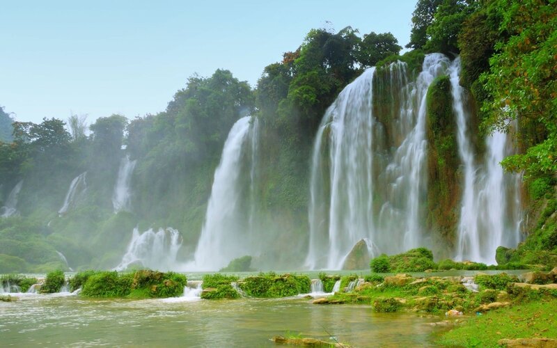 Waterfalls in lush green forest