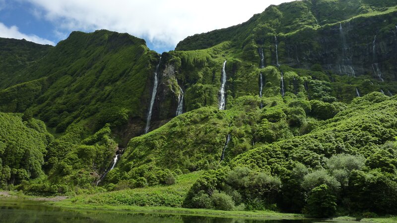 Waterfalls in lush green mountains