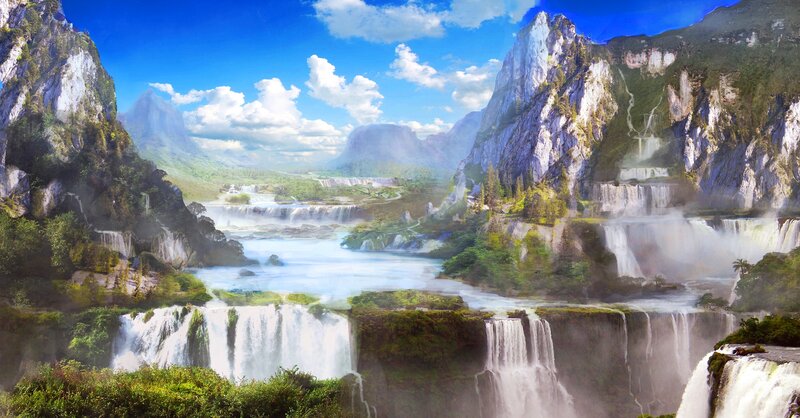Waterfalls in Mountain Valley — Blue