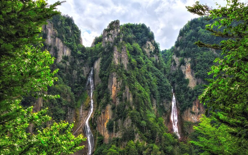Waterfalls in Mountain Valley — Green, Serene, Afternoon