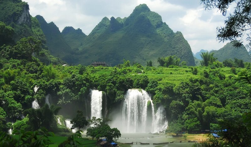 Waterfalls in Mountains — Green, Serene, Afternoon
