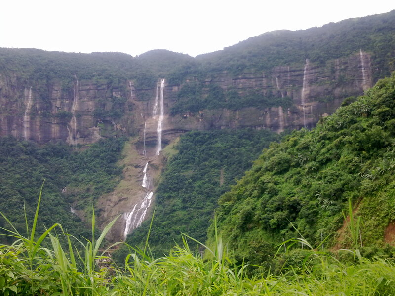 Waterfalls on Cliff Face — Green, Natural