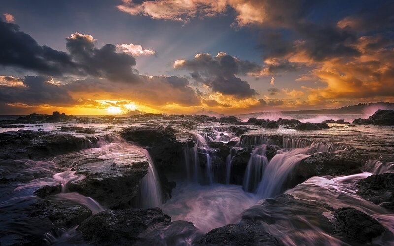 Waterfalls on Rocky Shore — Purple