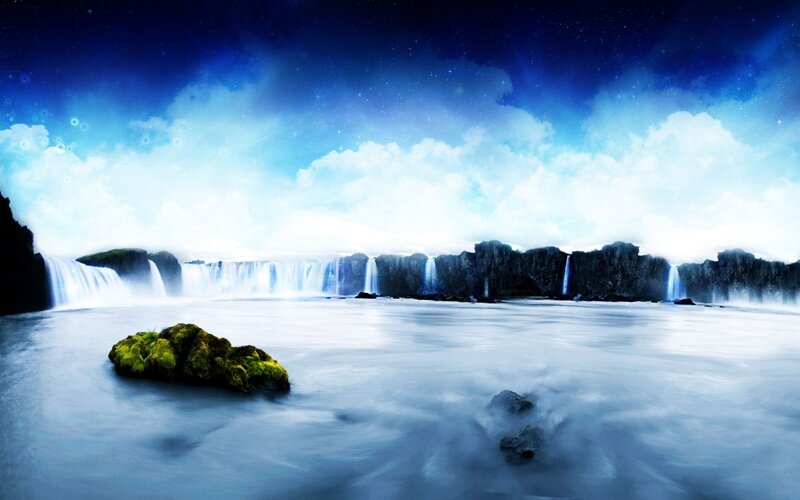 Waterfalls under a starry sky