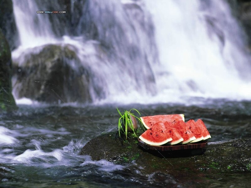 Watermelon by a waterfall