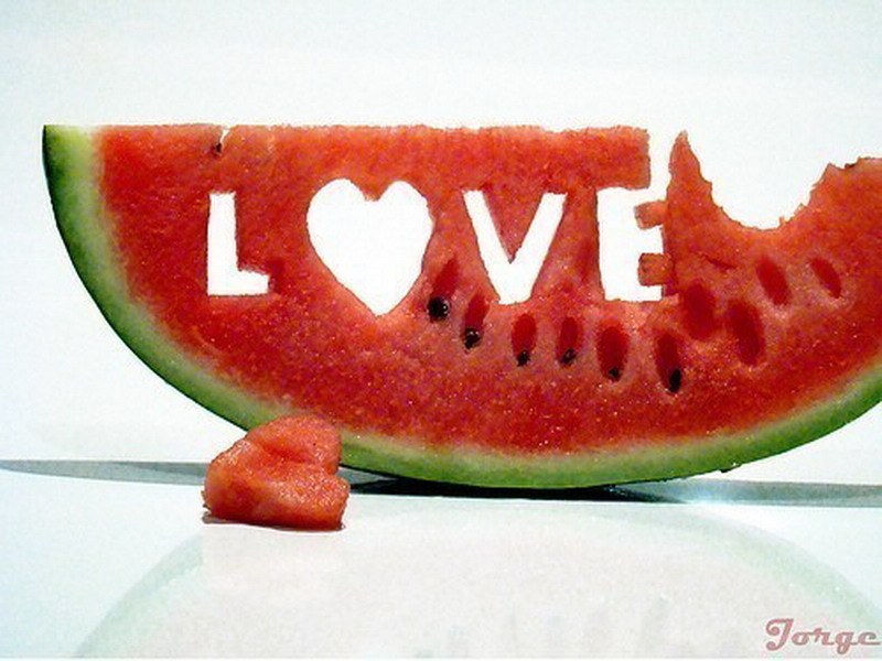 Watermelon carved with 'LOVE'