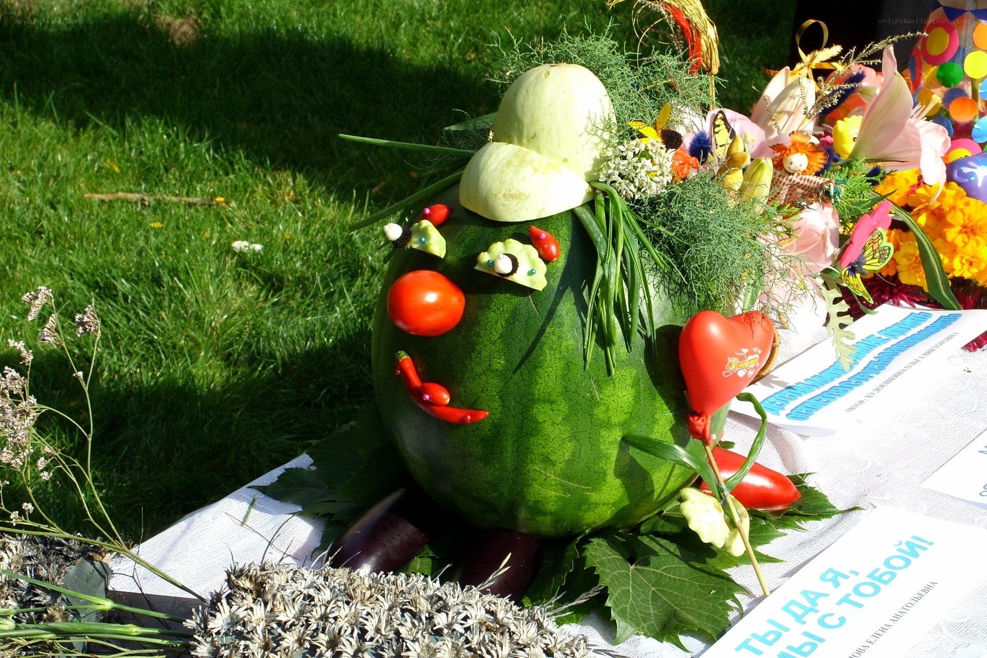 Watermelon sculpture with vegetables