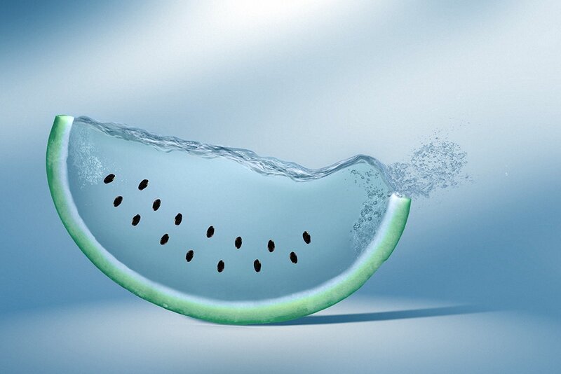 Watermelon Slice in Water — Blue, Serene, Digital Art